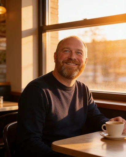 Brais, avatar de muestra, café, luz de tarde. Imagen generada con IA.
