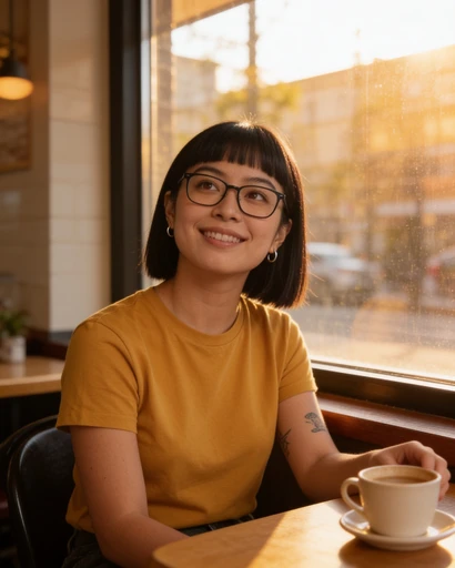 Sara, avatar de muestra, café, luz de tarde. Imagen generada con IA.