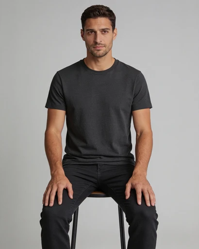 Marco, avatar de muestra, cuerpo entero, taburete. Imagen generada con IA.