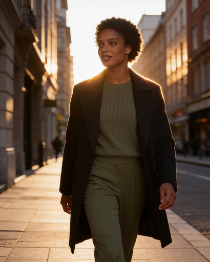Nerea, avatar de muestra, calle, contraluz de tarde. Imagen generada con IA.