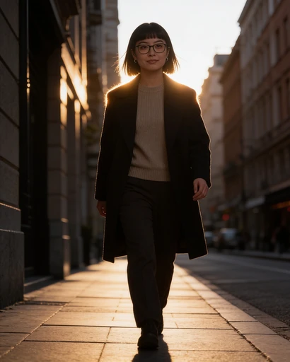 Sara, avatar de muestra, calle, contraluz de tarde. Imagen generada con IA.