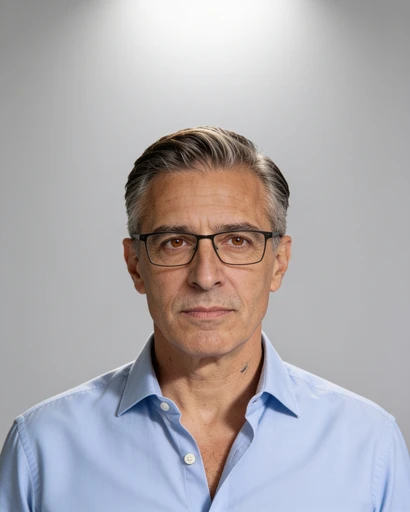 Andrés, avatar de muestra, frente, fondo neutro. Imagen generada con IA.