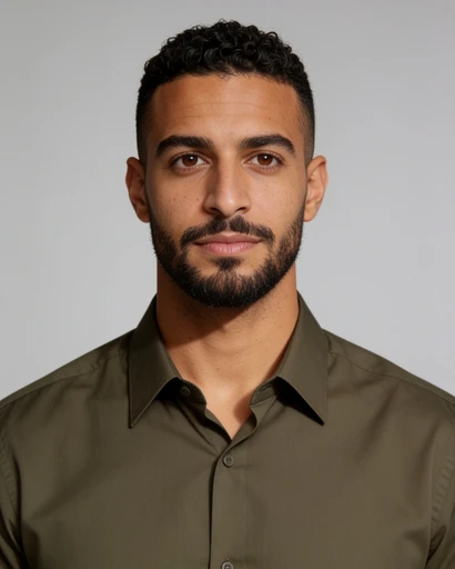 Karim, avatar de muestra, frente, fondo neutro. Imagen generada con IA.