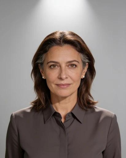 Pilar, avatar de muestra, frente, fondo neutro. Imagen generada con IA.