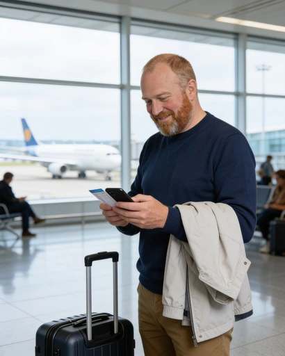 Brais, avatar de muestra, en el aeropuerto. Imagen generada con IA.